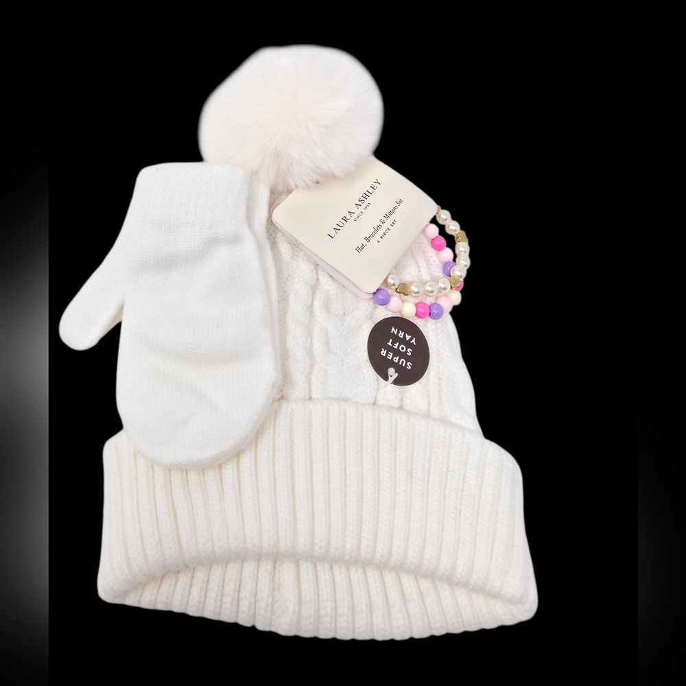 Laura Ashley Girls Beanie, Mittens & Bracelets Set 4pc